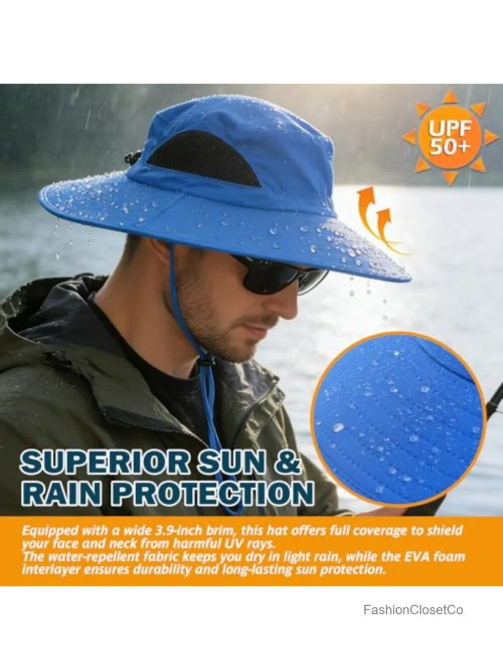 Wide Brim Sun Bucket Hat UPF 50+ Waterproof Adjustable Chin Strap Unisex
